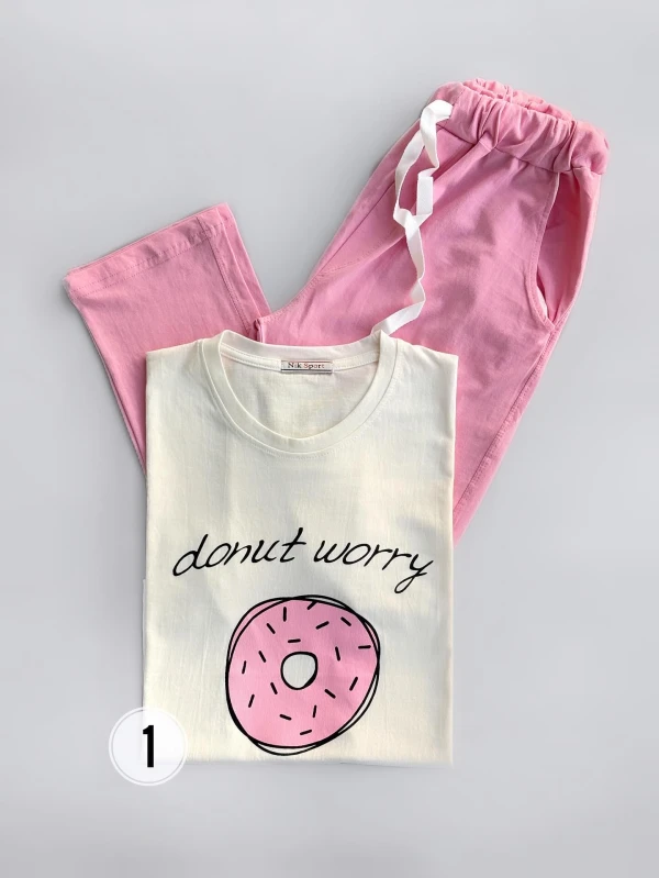 ست تیشرت شلوار دونات صورتی 1381