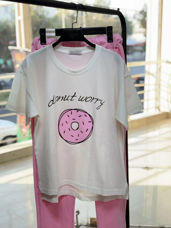 ست تیشرت شلوار دونات صورتی 1381