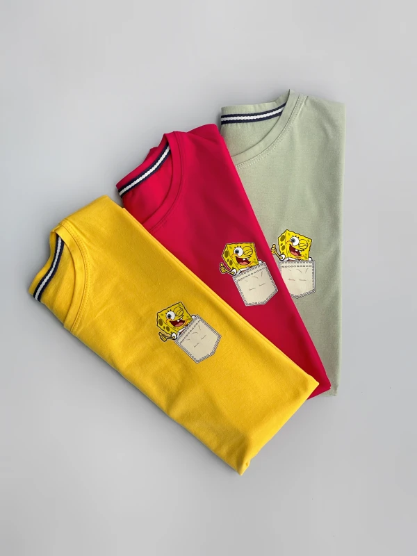 تیشرت نخ پنبه قواره نرمال باب اسفنجی جیب